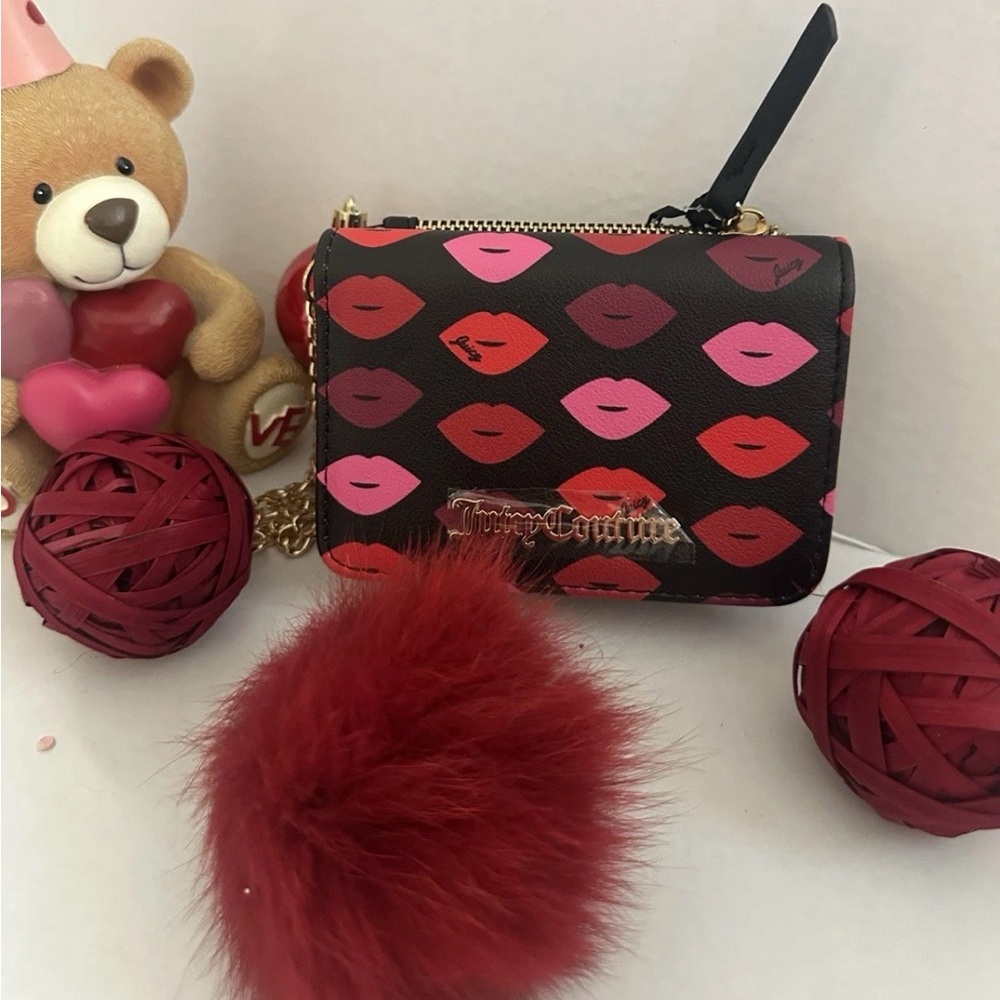 Juicy Couture Black Multi Sealed  With A Kiss Double Sided Trifold Wallet NWT